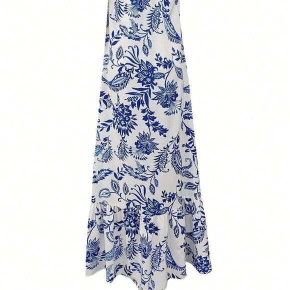 Blue and White Boho Women's Ruffle Hem Spaghetti Strap Dress - Picture 2 of 3
